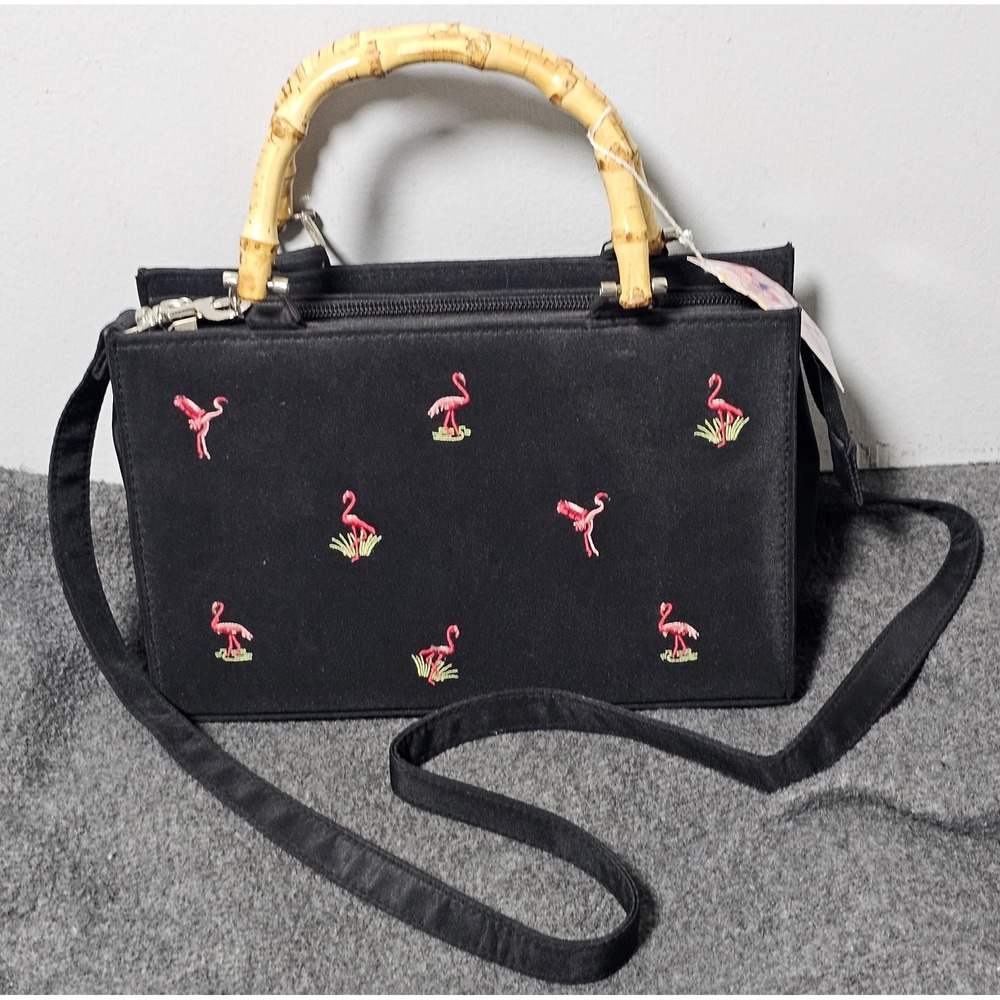 Gigi Olivia Black Shoulderstrap Bamboo Handles Purse Flamingo Embroidered  NWT